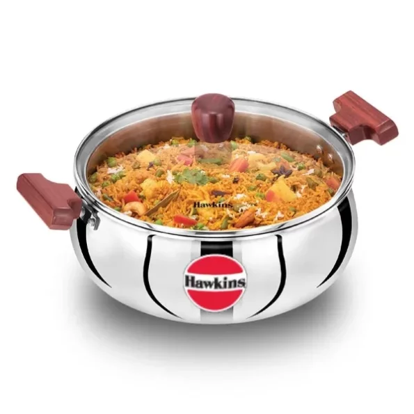 Hawkins 5 Litre Cook n Serve Handi, Triply Stainless Steel Handi with Glass Lid available on Herbkart