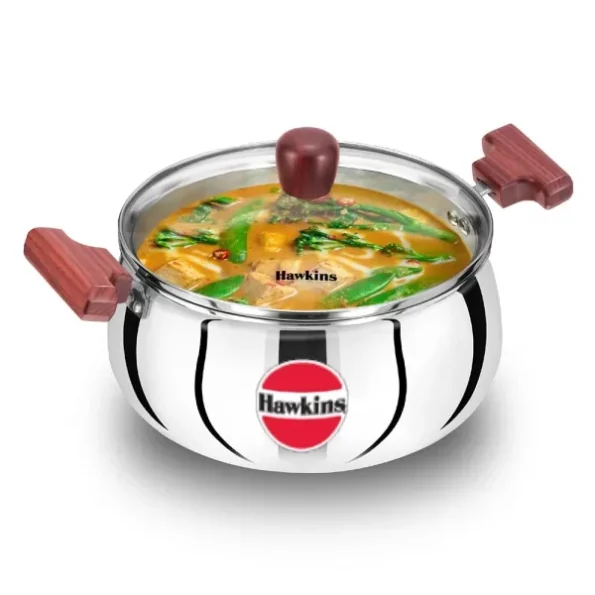 Hawkins 4 Litre Cook n Serve Handi, Triply Stainless Steel Handi with Glass Lid available on Herbkart