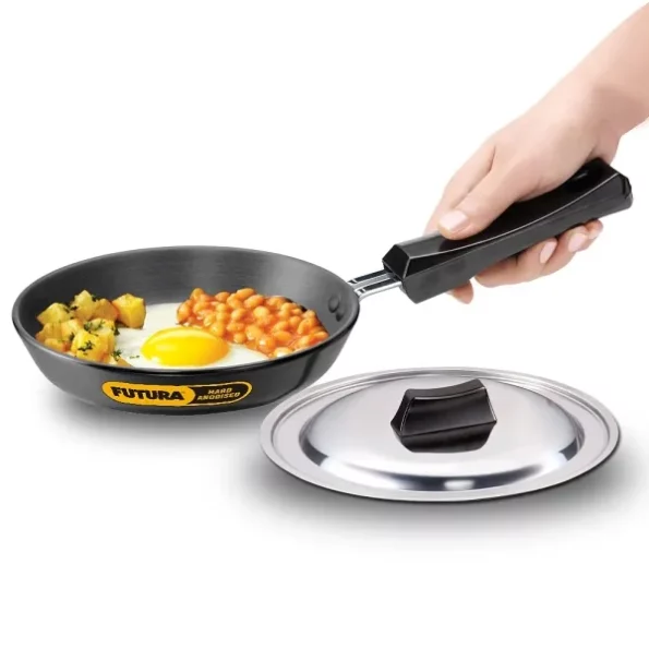 Hawkins Futura 17 cm Frying Pan, Hard Anodised Fry Pan with Stainless Steel Lid, Black available on Herbkart