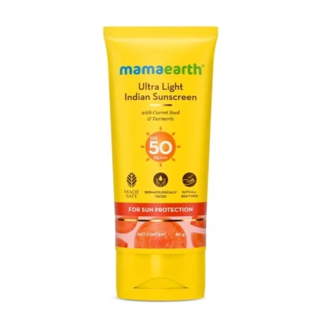 Mamaearth Ultra Light Indian Sunscreen-80 g with Carrot Seed & Turmeric | SPF 50 PA ++++| UVA & UVB Protection | No White Cast | Non-Greasy & Quick Absorbing | Super Lightweight | Suits All Skin Types
