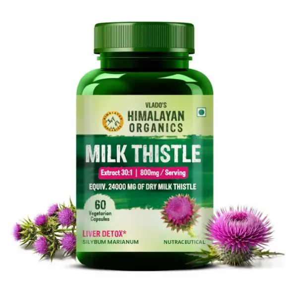 Vlado's Himalayan Organics Milk Thistle Extract Detox Supplement For Men And Women With 800Mg Of Silybum Marianum For Healthy Liver, Helps in Cleanse Liver - 60 Vegetarian Capsules, HO-MilkThistle-60Caps-1.webp, HO MilkThistle 60Caps 1