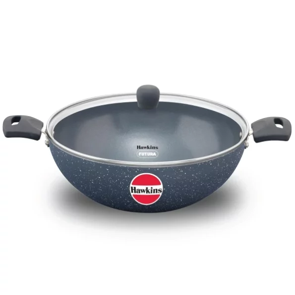 Hawkins Ceramic Nonstick 5 Litre Deep Kadhai, Induction Deep Fry Pan with Glass Lid available on Herbkart