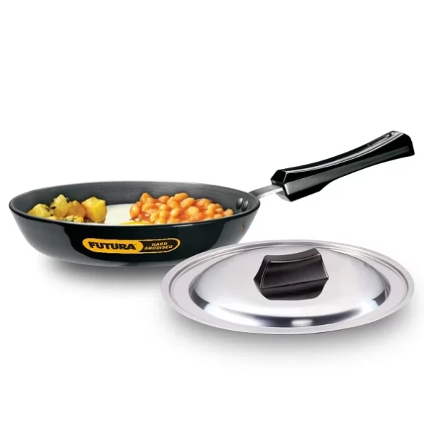 Hawkins Futura 20 cm Frying Pan, Hard Anodised Fry Pan with Stainless Steel Lid, Black available on Herbkart