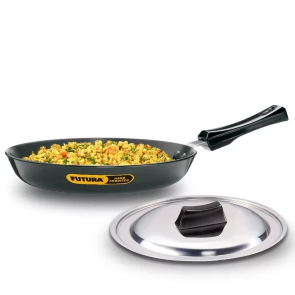 Hawkins Futura 25 cm Frying Pan, Hard Anodised Fry Pan with Stainless Steel Lid, Black available on Herbkart