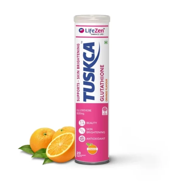 TUSKCA Japanese Glutathione Tablets for Skin Brightening with Vitamin C, 20 Effervescent Tablet, Orange Flavour available on Herbkart