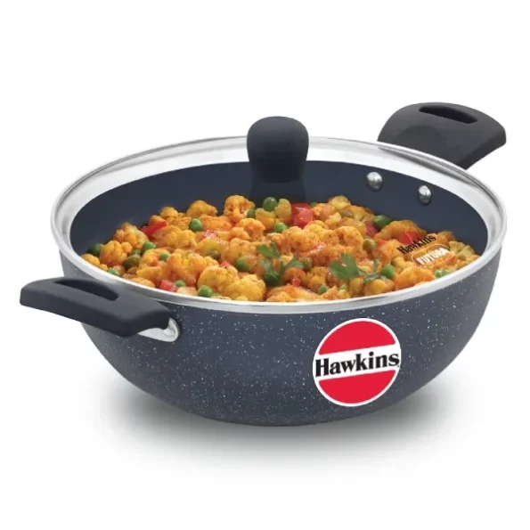 Hawkins Ceramic Nonstick 3.5 Litre Deep Kadhai, Induction Deep Fry Pan with Glass Lid available on Herbkart