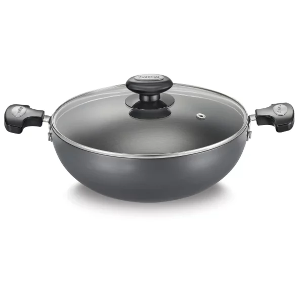 Prestige Hard Anodised Plus Gas and Induction Compatible Kadai with Glass Lid, 200 mm (Black) available on Herbkart