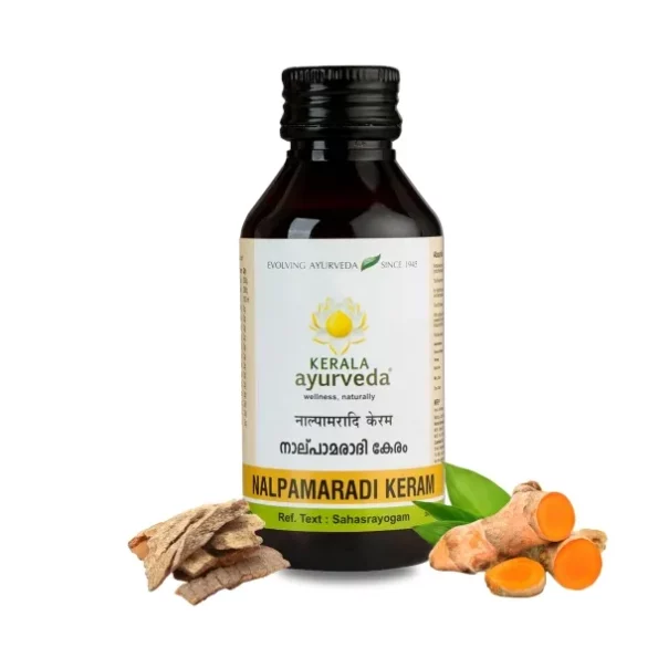 Kerala Ayurveda Nalpamaradi Keram 100ml | Face & Body Oil | Detan Oil | For All Skin Types| Suitable for All Skin Types | Removes Tan and Dark Spots | Heals Skin | With Nalpamara, Haridra, Usira, Amla, Manjistha, Raktachandana | Coconut Oil Base |, Herbkart8t771Rb502-ruL.webp, Herbkart8t771Rb502 ruL