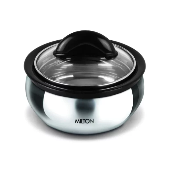 MILTON Clarion 1500 Double Walled Stainless Steel Casserole with See Through Glass Lid,1200 ml, Silver available on Herbkart