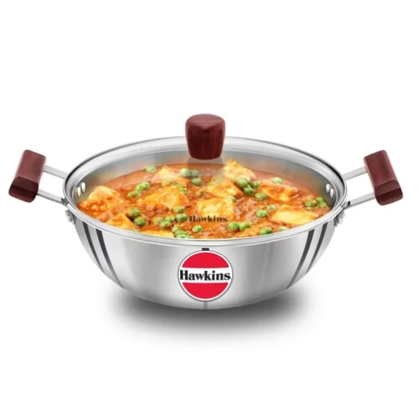 Hawkins 4 Litre Deep Kadhai, Triply Stainless Steel Kadai with Glass Lid available on Herbkart