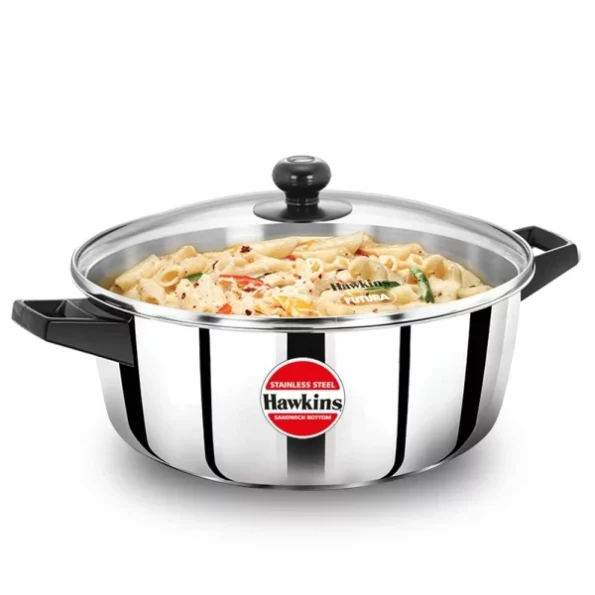 Hawkins 5 Litre Cook n Serve Casserole, Stainless Steel Saucepan with Glass Lid available on Herbkart