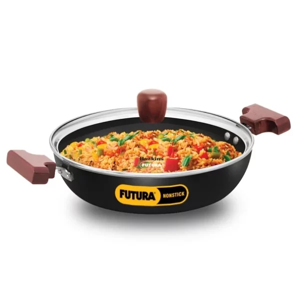 Hawkins Futura 2.5 Litre Shallow Kadhai, Nonstick Kadai with Glass Lid available on Herbkart