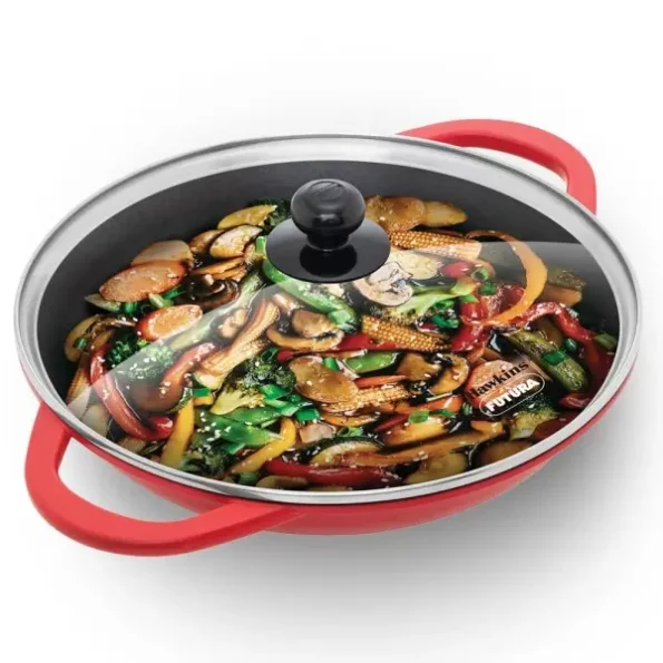 Hawkins 3 Litre Shallow Kadhai, Die Cast Non Stick Frying Pan with Glass Lid available on Herbkart