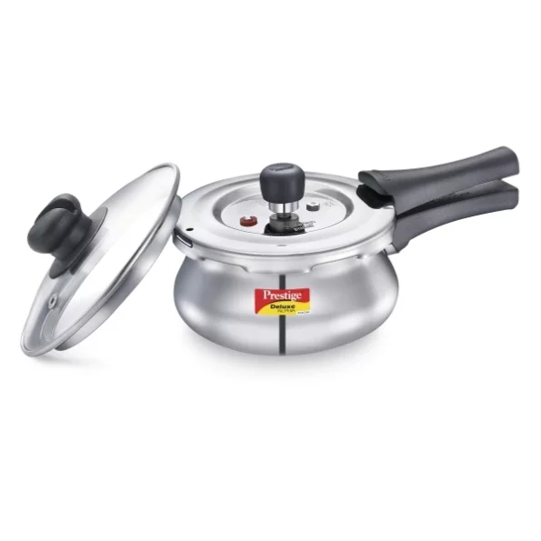 Prestige Deluxe Alpha Svachh Stainless Steel Outer Lid Pressure Cooker 1.5L with Glass Lid (With Deep Lid For Spillage Control) available on Herbkart