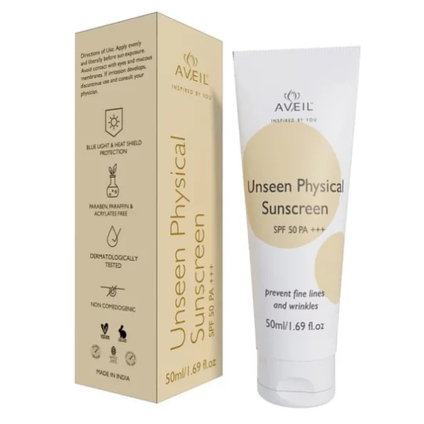 AVEIL Unseen Physical Sunscreen SPF 50 PA +++, 50ml available on Herbkart