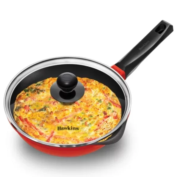 Hawkins 22 cm Frying Pan, Die Cast Non Stick Fry Pan with Glass Lid, Red available on Herbkart