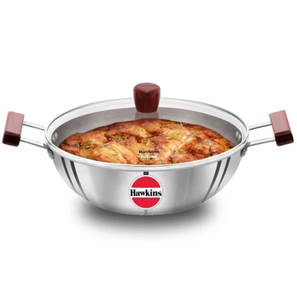 Hawkins 5 Litre Deep Kadhai, Triply Stainless Steel Kadai with Glass Lid available on Herbkart