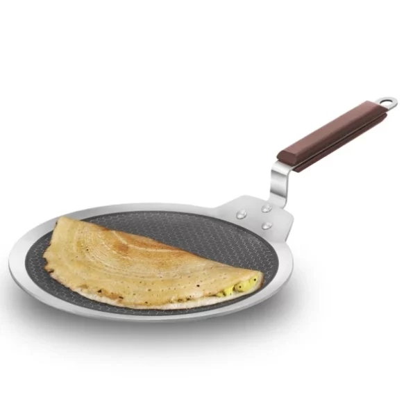 Hawkins 28 cm Dosa Tava, Triply Stainless Steel Shielded Nonstick Tawa with Rosewood Handle, Silver available on Herbkart