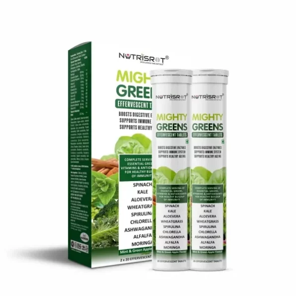 NUTRISROT Mighty Greens Multivitamin Effervescent Tablets, Mint & Green Apple Flavour (40 Tablets) available on Herbkart