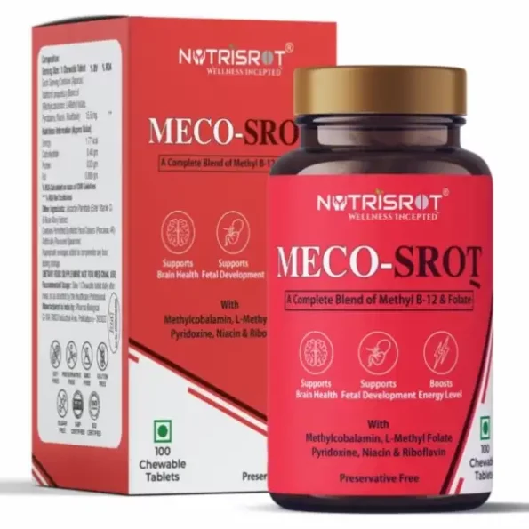 NUTRISROT MECO-SROTÌ– Vitamin 12 Chewable Tablets with Vitamin B2, B3, B6 & folate (100 tabs in Spearmint Flavour) available on Herbkart