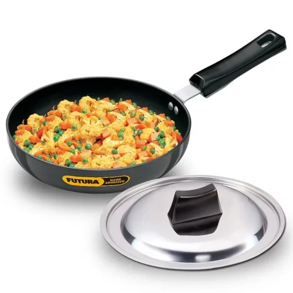 Hawkins Futura 22 cm Frying Pan, Hard Anodised Fry Pan with Stainless Steel Lid, Black available on Herbkart