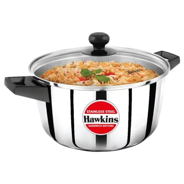 Hawkins 4 Litre Cook n Serve Casserole, Stainless Steel Saucepan with Glass Lid available on Herbkart