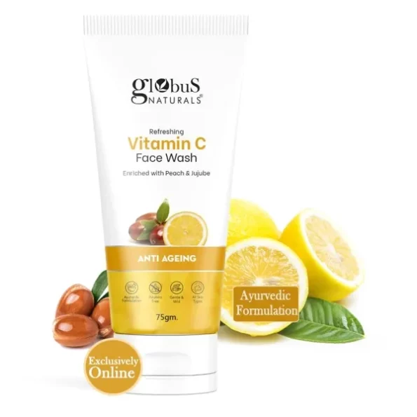 GLOBUS NATURALS Anti-Ageing Skin Brightening Vitamin C Enriched with Peach & Jujube Face Wash (75 g), Herbkart8t751lFebJo0GL.webp, Herbkart8t751lFebJo0GL