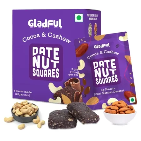 Gladful Cocoa & Cashews Date Nut Square | Sugar-Free, Dates and Dry Fruits Based Dessert Bites/Barfi/Chakki | High in Protein & Fiber (20gram X 8)