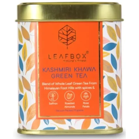 Leafbox Kashmiri Khawa Green Tea 75 Cups with Saffron, Roasted Almonds, Cardamom, Ginger- Boost Energy, Glowing Skin, 75g Tin Box, Vacuum Packed