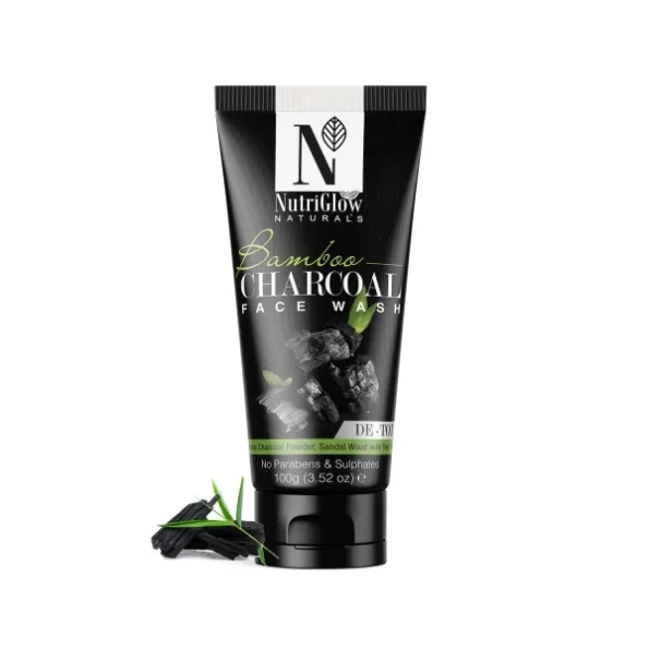 NutriGlow Natural's Bamboo Charcoal Face Wash with Sandalwood for Daily Exfoliation, Refresh Skin - All Skin Types - 100g available on Herbkart