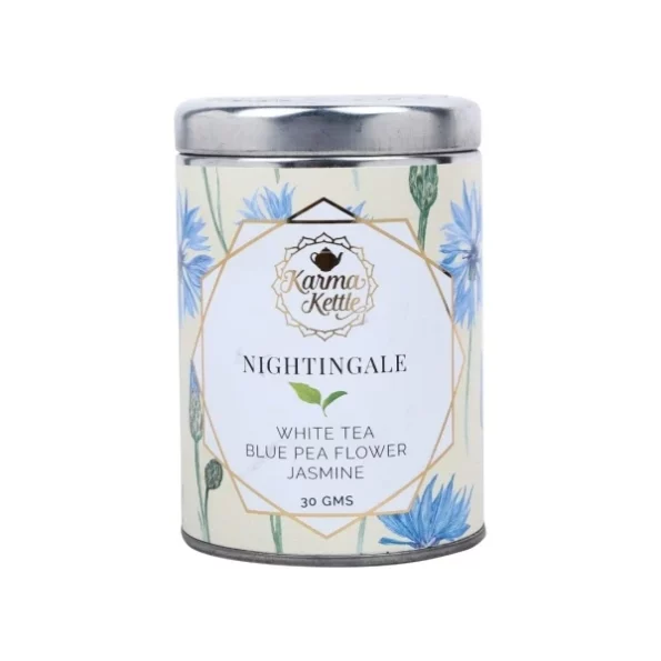 Karma Kettle Nightingale Silver Tips White Tea with Butterfly Pea Flower (30gms Loose Leaf Tin), Herbkart8t761MTkarPcGL.webp, Herbkart8t761MTkarPcGL