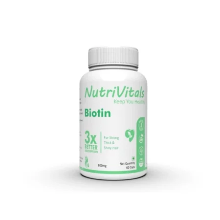 NutriVitals Biotin 800mg for Healthy Hair, Nails & Glowing Skin | Supports Hair Growth & Reduces Hair Fall | 60 Capsules