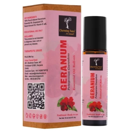 Charming Aura Geranium Essential Oil | Roll-On | Prediluted ready to use | for Pain relief, Stress relief, Skin Care | 10ml | (Geranium, Pack of 1)