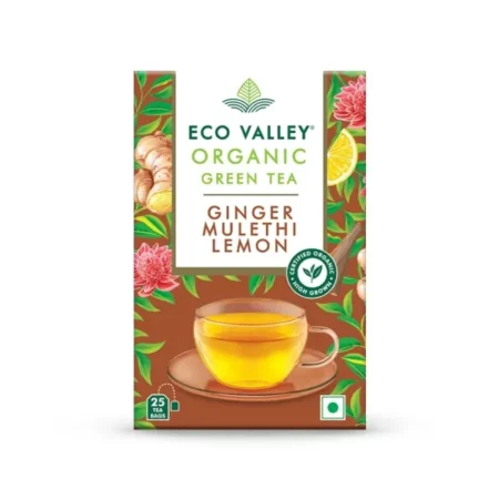 Eco Valley Organic Green Tea - Ginger Mulethi Lemon - 25 Tea Bags | Grown In Nilgiris, 42.5 grams, Pack