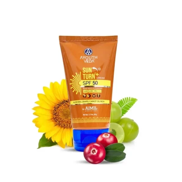 Ayouthveda Sun Turn+ Cream SPF 50 PA++++ with Hyaluronic Acid, Grapes, Cranberry, and Carrot Oil, 60g available on Herbkart