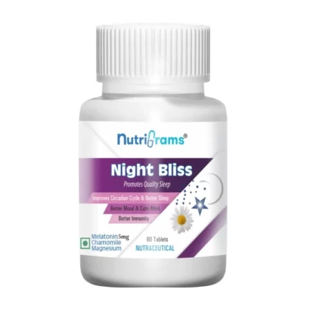 Nutrigrams Night Bliss Melatonin Tablets with Chamomile & Magnesium - Natural Sleep Aid & Relaxation Support - 60 Tablets