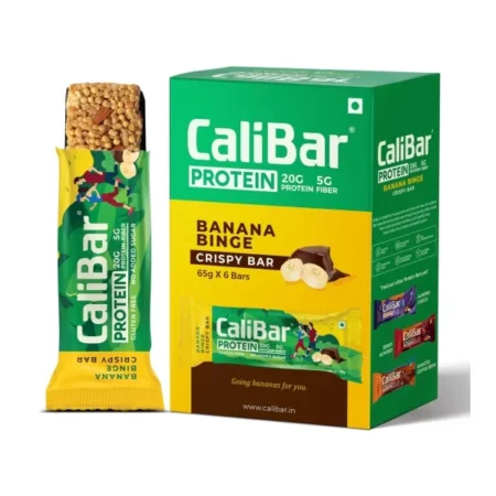 CaliBar 20gram Protein Bar - Banana Binge Crispy Bar With Real Banana Bits, No Added Sugar, Gluten-Free, 5g Fiber, No Preservatives, Delicious Taste & 100% Veg. | Whey & Plant Based Protein (6 Bars).