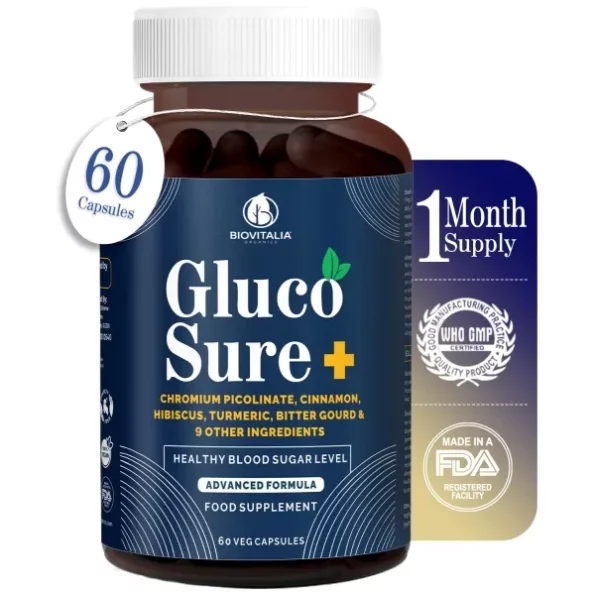 Biovitalia Gluco Sure+ Blood Sugar Control Supplement Capsules with Chromium Picolinate Cinnamon Bitter Gourd Hibiscus - 60 Capsules available on Herbkart