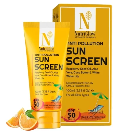 NutriGlow Advanced Organics Advanced Organics Anti Pollution Sunscreen With Alovera, Coco Butter, White Water Lily, Raspberry Seed Oil/All Skin Types/Uva & Uvb Protection, 100 ml