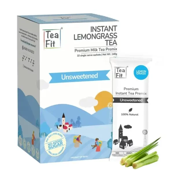 TeaFit Premium Unsweetened Lemongrass Instant Tea Premix Pack of 20 Sachets available on Herbkart