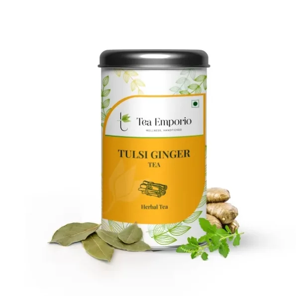 Tea Emporio TULSI GINGER Herbal Tea - 50g Tin Caddy available on Herbkart