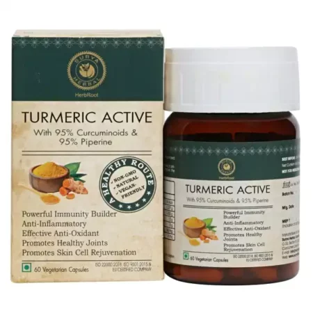 HerbRoot Surya Herbal Turmeric Active | Pure | Natural | Organic Ingredients | For Men & Women | Promotes healthy joints | Skin Cell Rejuvenation | 60 Capsules (Pack of 1)