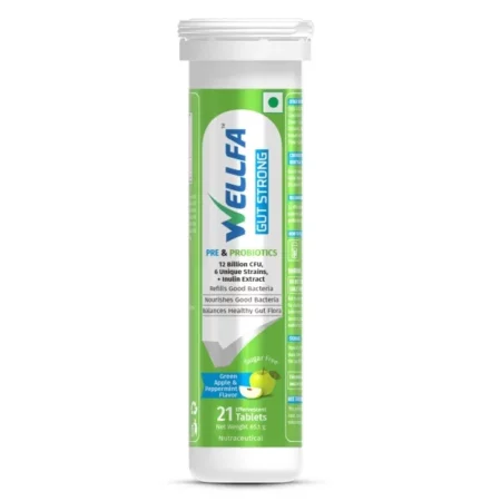 Wellfa Gut Strong Tablets| Pre & Probiotic | 12 billion CFU Probiotic | 6 Unique Probiotic Strains | Prebiotic-Inulin Extract | Better Gut Health | Green Apple & Peppermint - 21 Effervescent Tablets