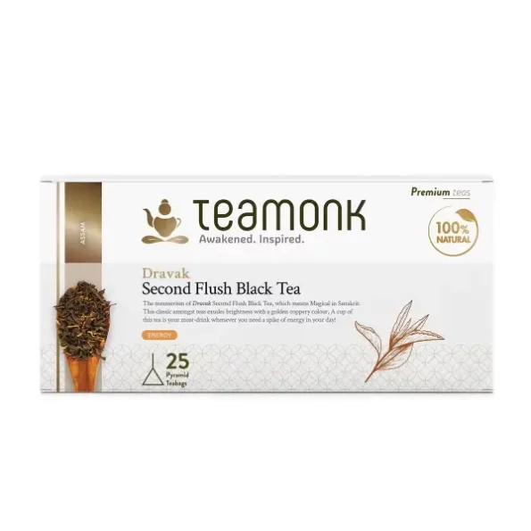 Teamonk Dravak Assam Second Flush Black Tea - 25 Biodegradable Pyramid Black Tea Bags available on Herbkart