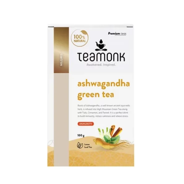 Teamonk High Mountain Ashwagandha Green Tea Leaves (50 Cups) - 100 g available on Herbkart