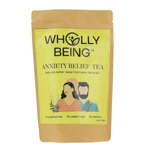 Wholly Being - Anxiety Relief Tea, 100g with Ashwagandha, Shankpusphi, Brahmi, Chamomile, rose petals available on Herbkart