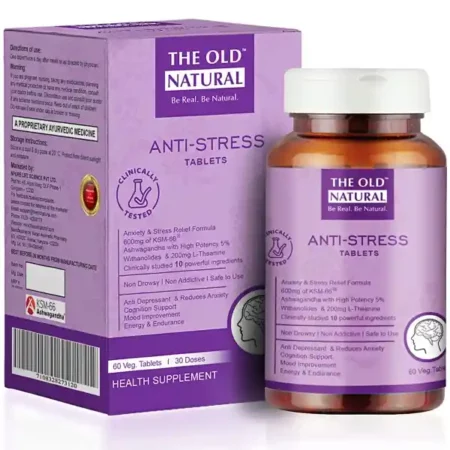 The Old Natural Anti Stress Tablets - Ashwagandha Ksm 66 Extract, L-Theanine, Brahmi, Chamomile Combination For Relieving Stress, - 60 Veg. Capsules (Pack of 1) (Pack of 1)