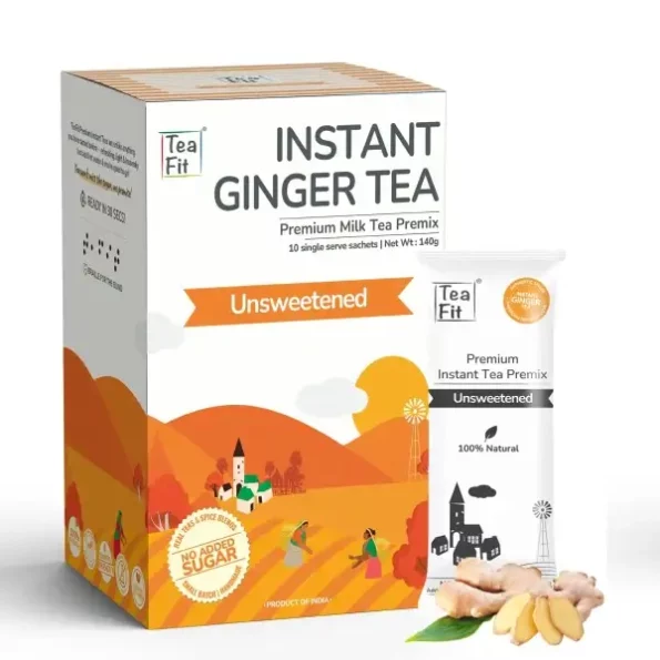 TeaFit Premium Unsweetened Ginger Instant Tea Premix Pack of 20 Sachets available on Herbkart