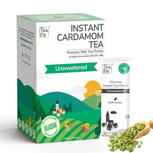 TeaFit Premium Unsweetened Cardamom Instant Tea Premix Pack of 20 Sachets available on Herbkart