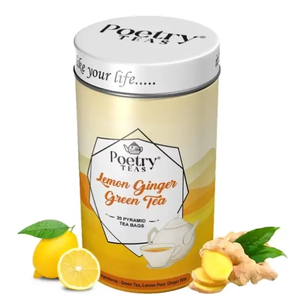 Poetry Teas Lemon Ginger Green Tea - 20 Pyramid Teabags available on Herbkart